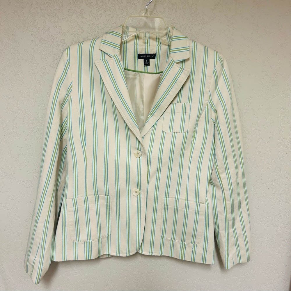 Willi Smith Women Blazer 8 Cream W/ Stripes Cotton/Linen Vintage Shoulderpads